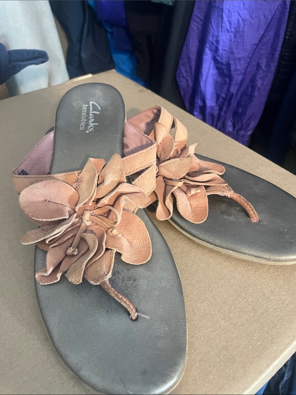 Clarks Brown Floral Leather Thong Sandals